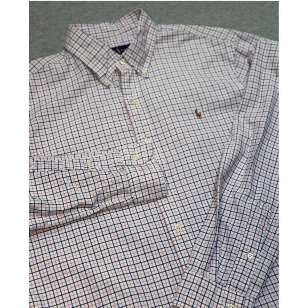 Ralph Lauren Mens Large Button Down Shirt Pink Blue Tattersall Check Cotton L